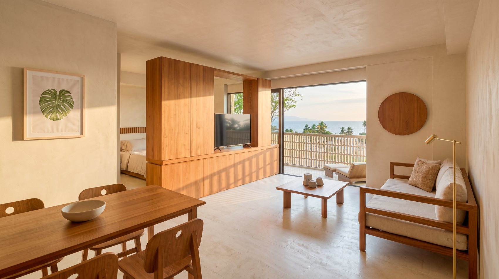 Estar y comedor abiertos al vano de la terraza, con carpintería de madera cálida, muros de estuco y el mar al fondo