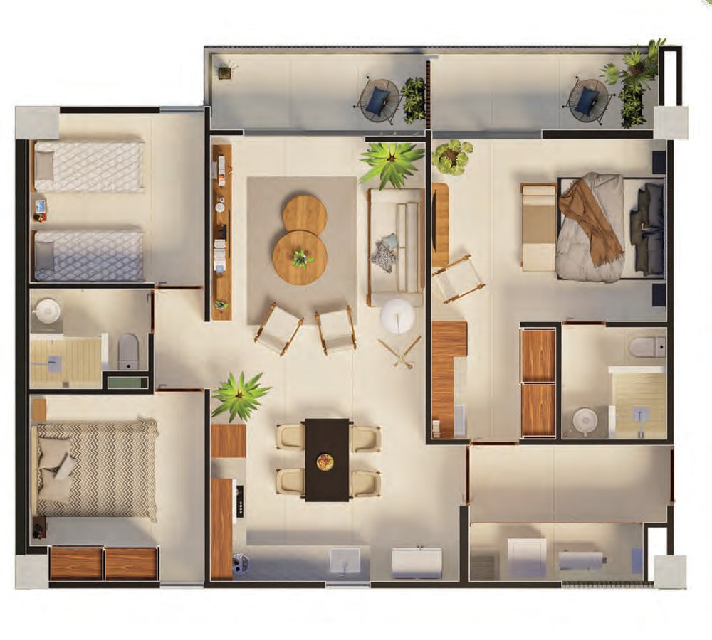 Planta amueblada del Tipo C: tres habitaciones repartidas a los lados, estar y comedor en el eje central, terraza en un frente