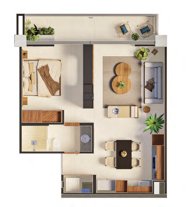 Planta amueblada del Tipo D: planta en ele con terraza al frente, habitación y baño a un costado, cocina en línea junto al comedor